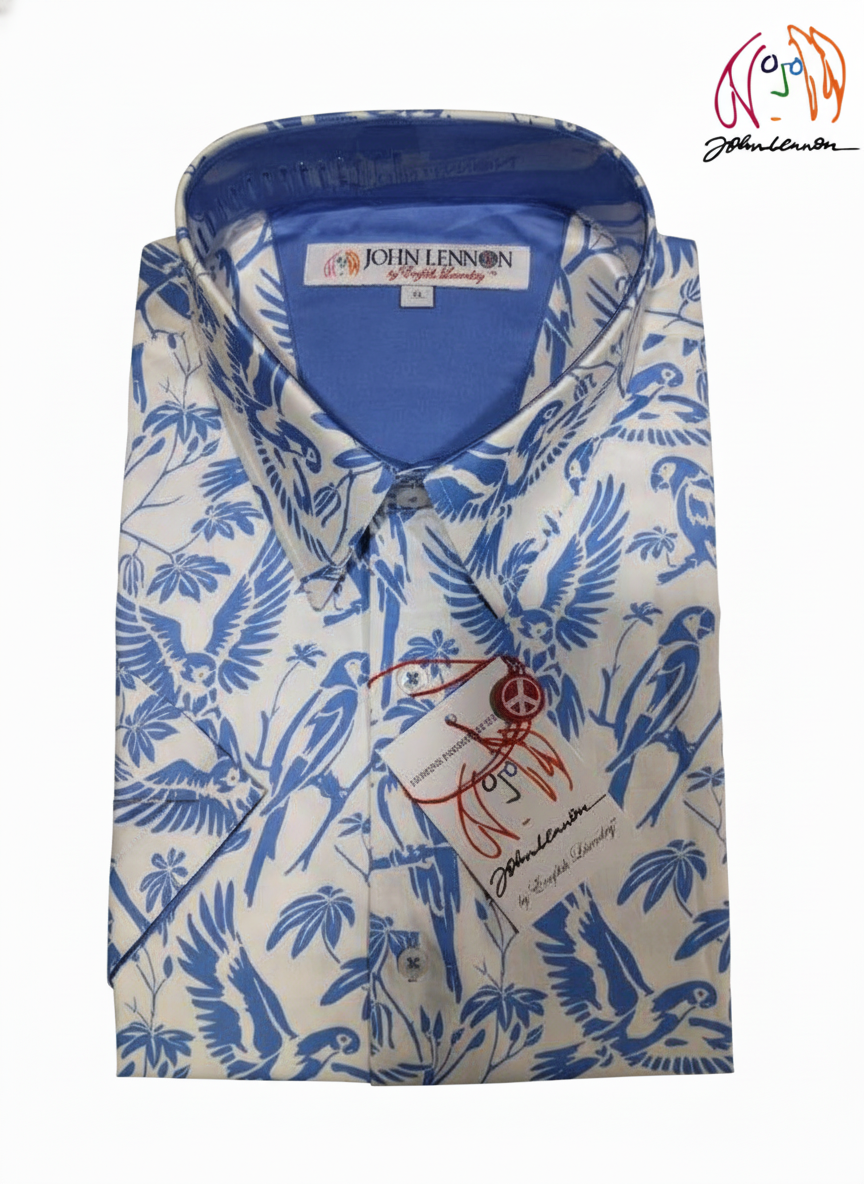 Dress short sleeve shirt with blue and white bird pattern