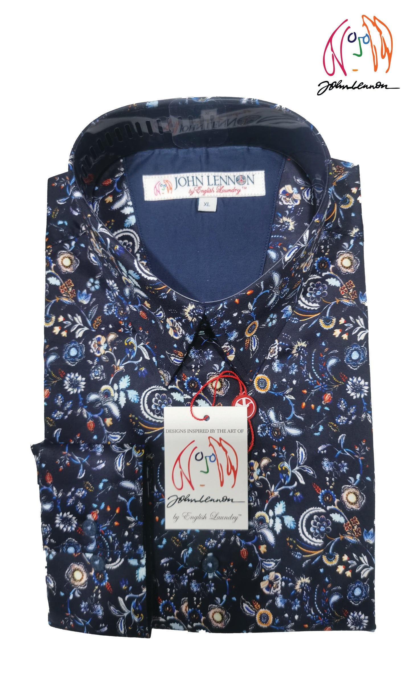 A long-sleeved men's shirt with a floral pattern, predominantly in dark colors, 'John Lennon by English Laundry'.