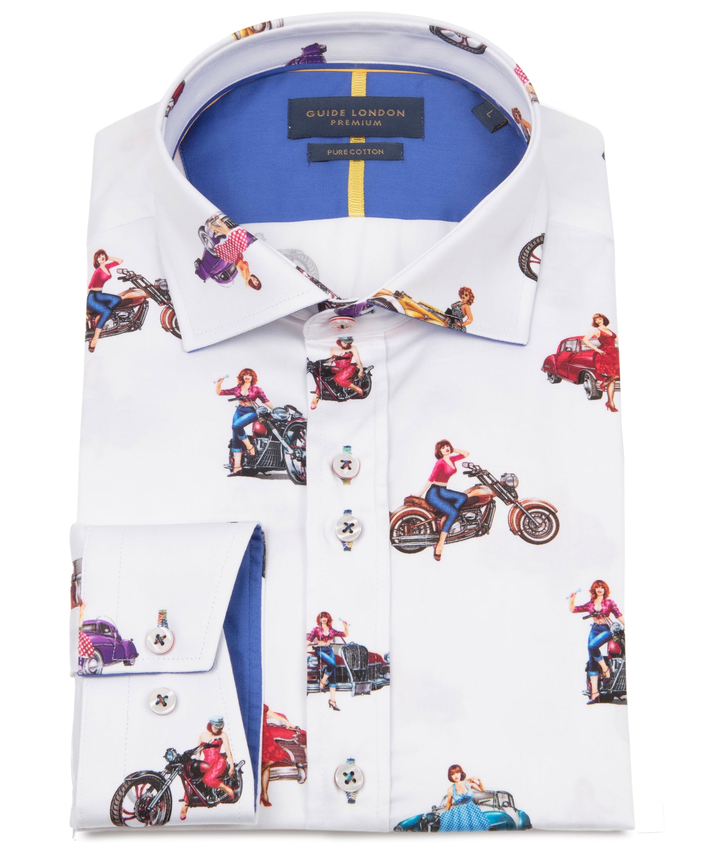 White dress shirt with motorcycle and pin-up girl print