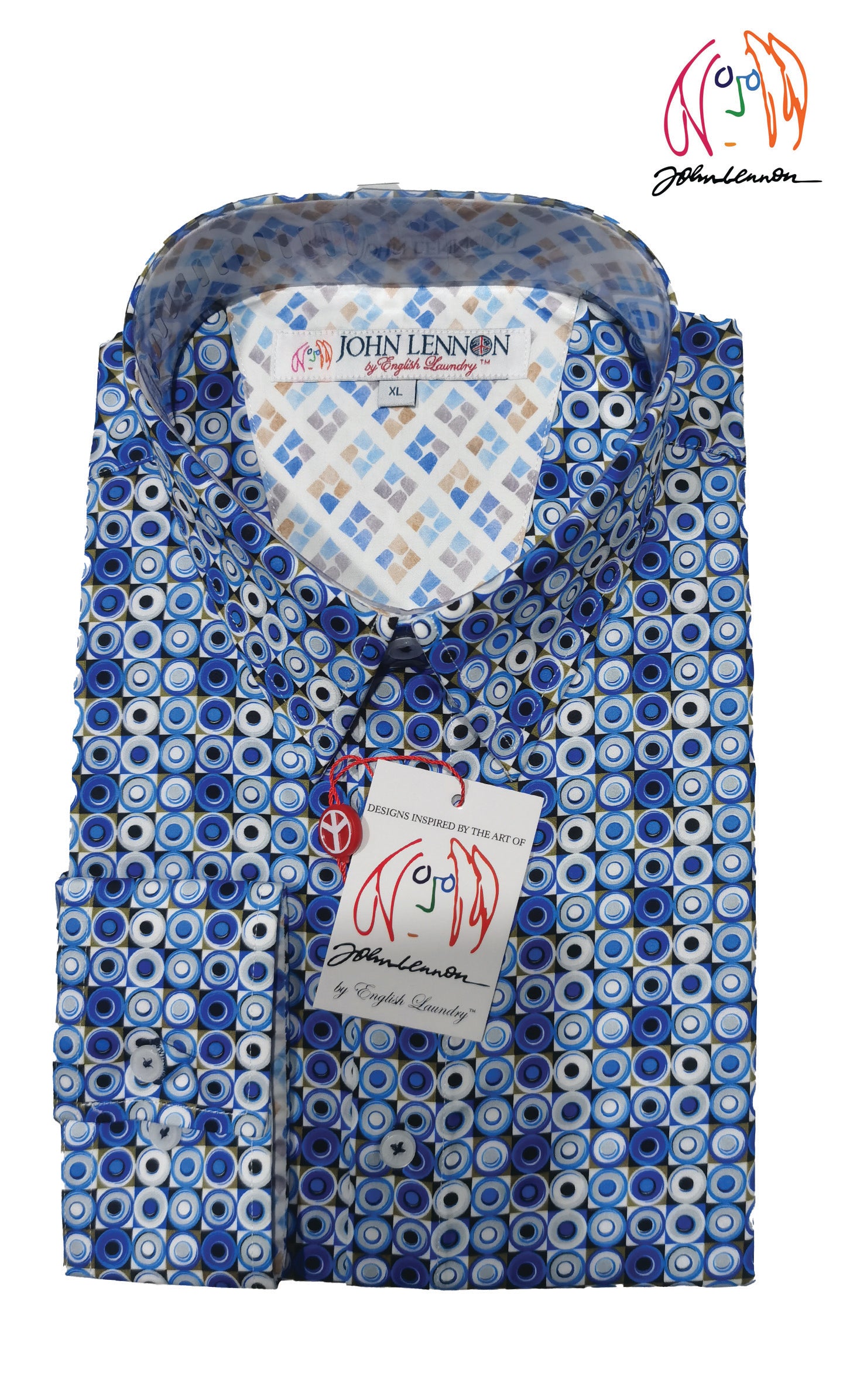 A long-sleeved men's shirt with a geometric print, predominantly blue with white and darker blue patterns, John Lennon by English Laundry brand.