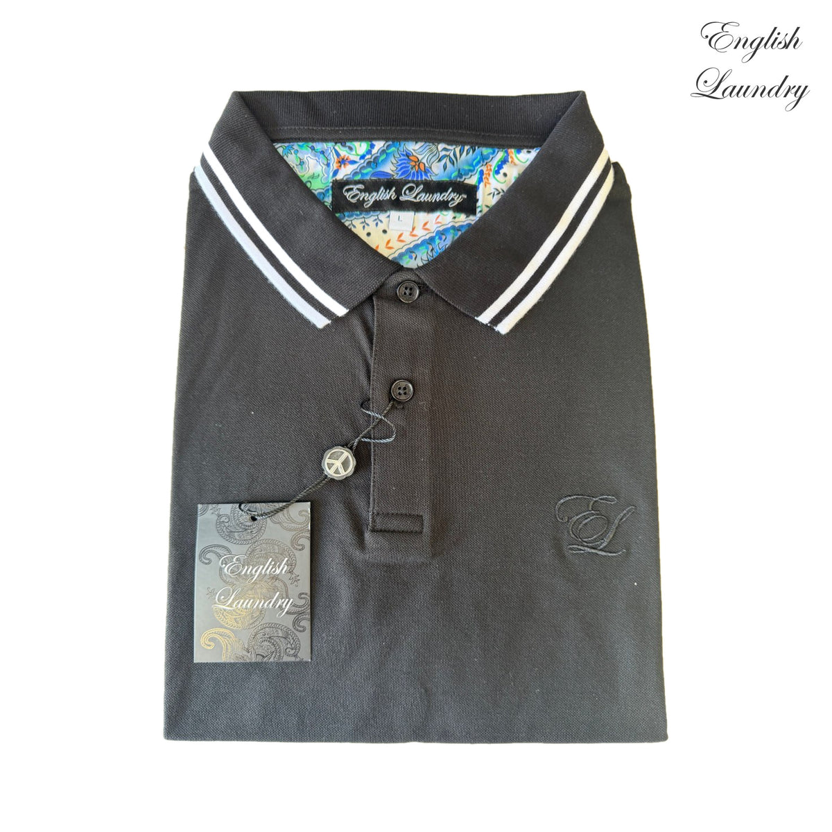 English Laundry ELP4000 Black polo with twin contrast collar stripes, tonal EL embroidery and patterned inner neckline