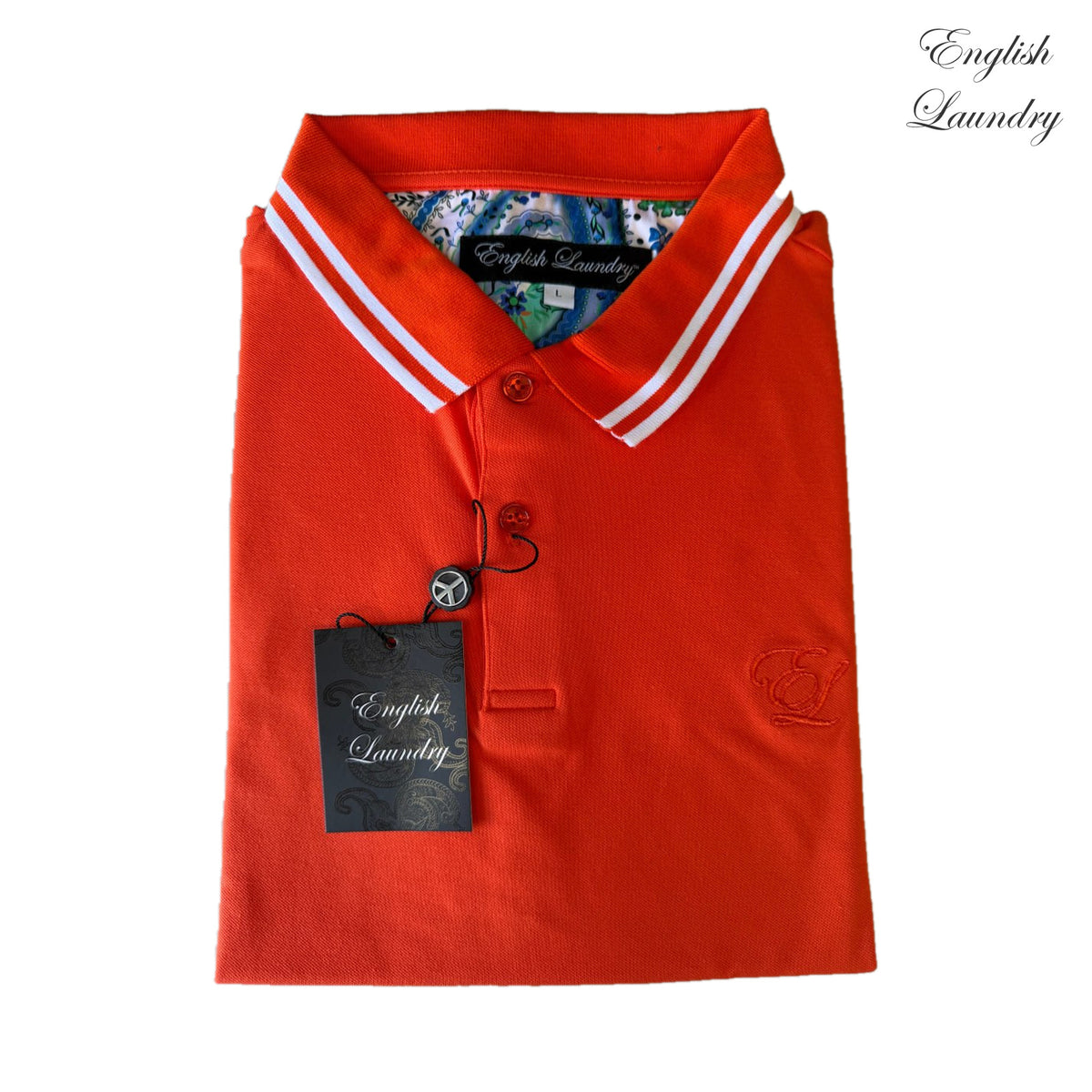 English Laundry ELP4004 Orange polo with twin light collar stripes, tonal EL embroidery and patterned inner neckline