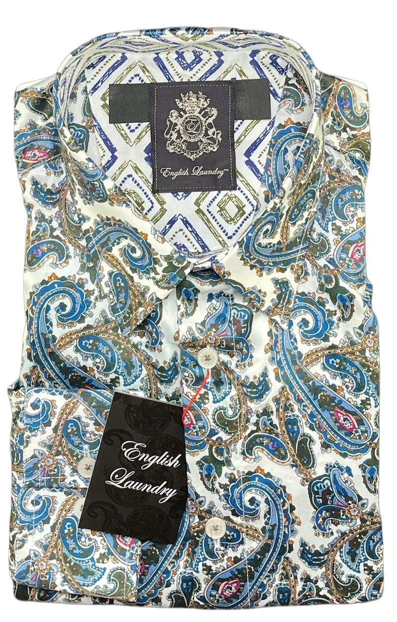 Patterned shirt with a brand label on a white background