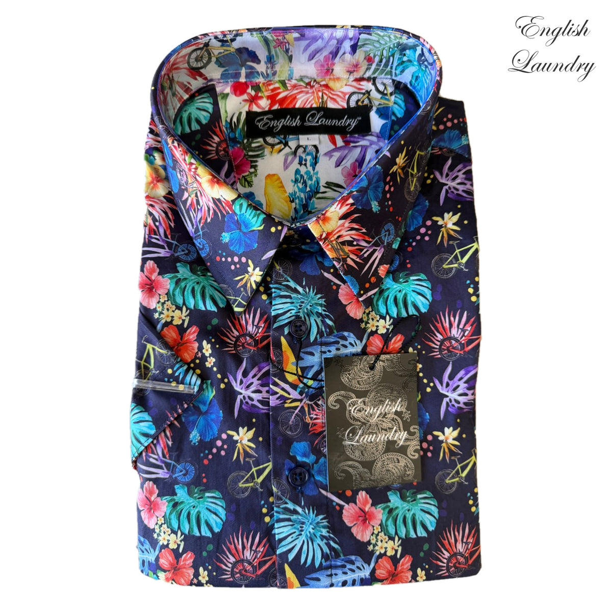 Folded English Laundry EL2734 shirt with colourful flowers, leaves and small bicycles on navy