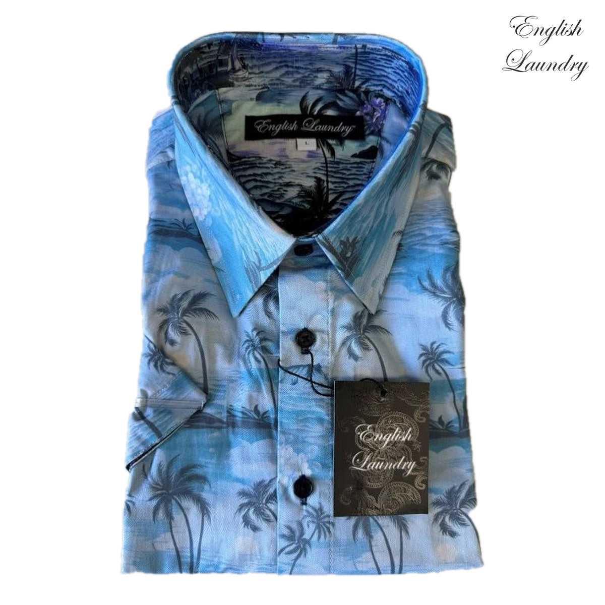 Folded English Laundry EL2741 shirt with tonal blue palms and coastal scenery