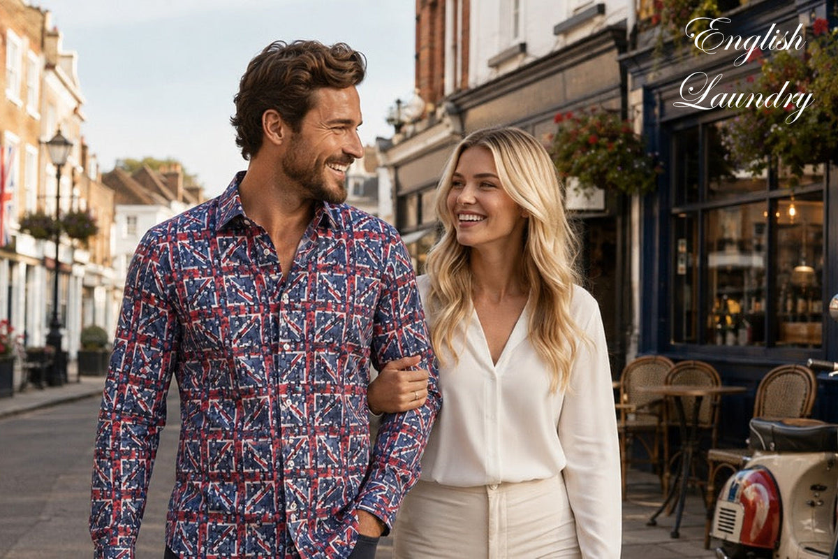 English Laundry patterned shirt — couple on a European street