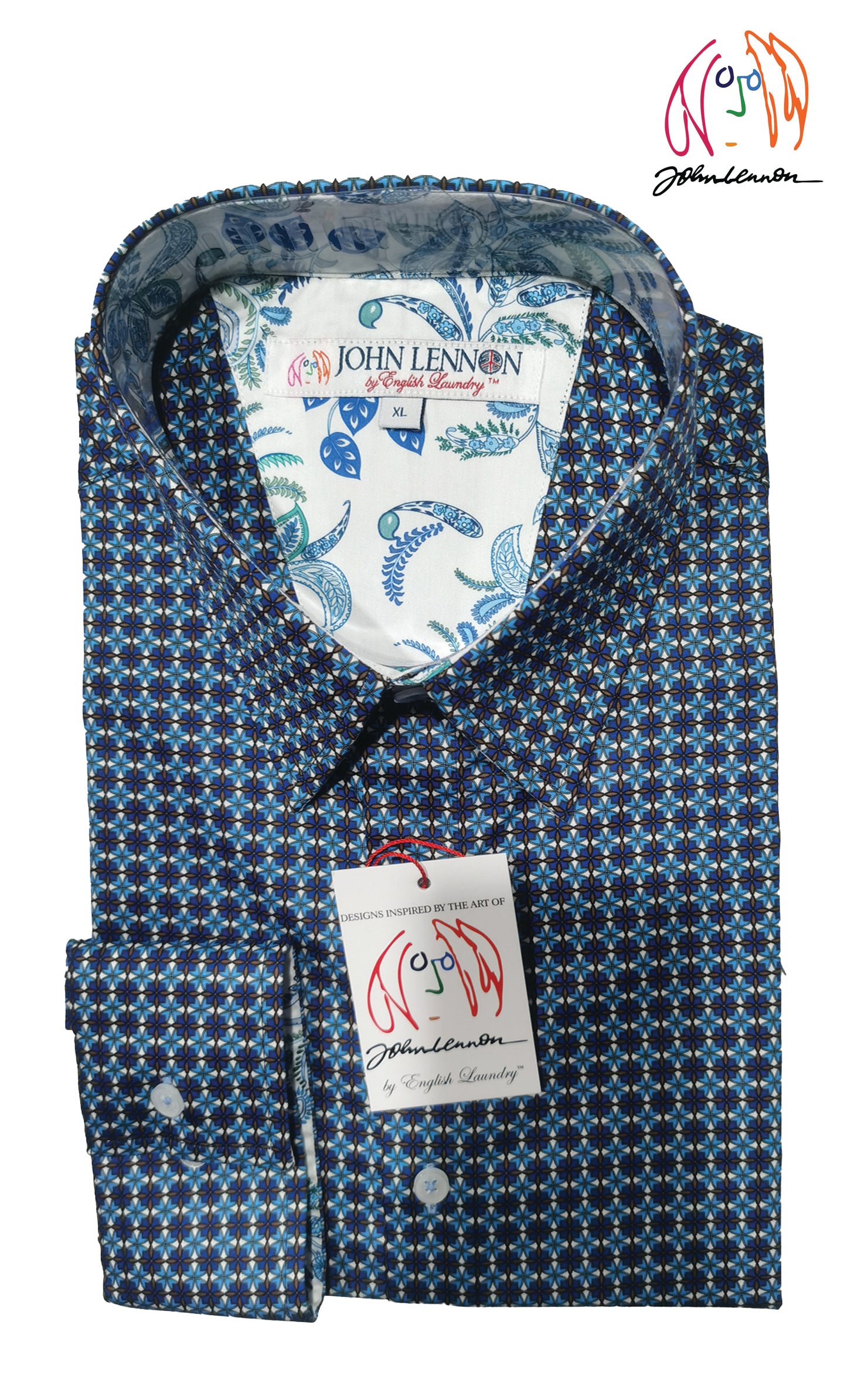 A long-sleeved men's shirt with a geometric print, featuring blue and white colors. 