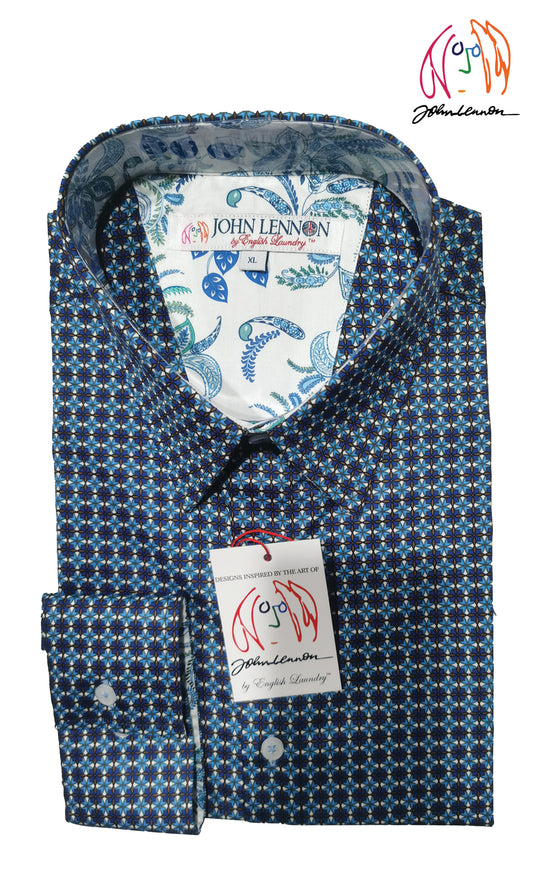 A long-sleeved men's shirt with a geometric print, featuring blue and white colors. 
