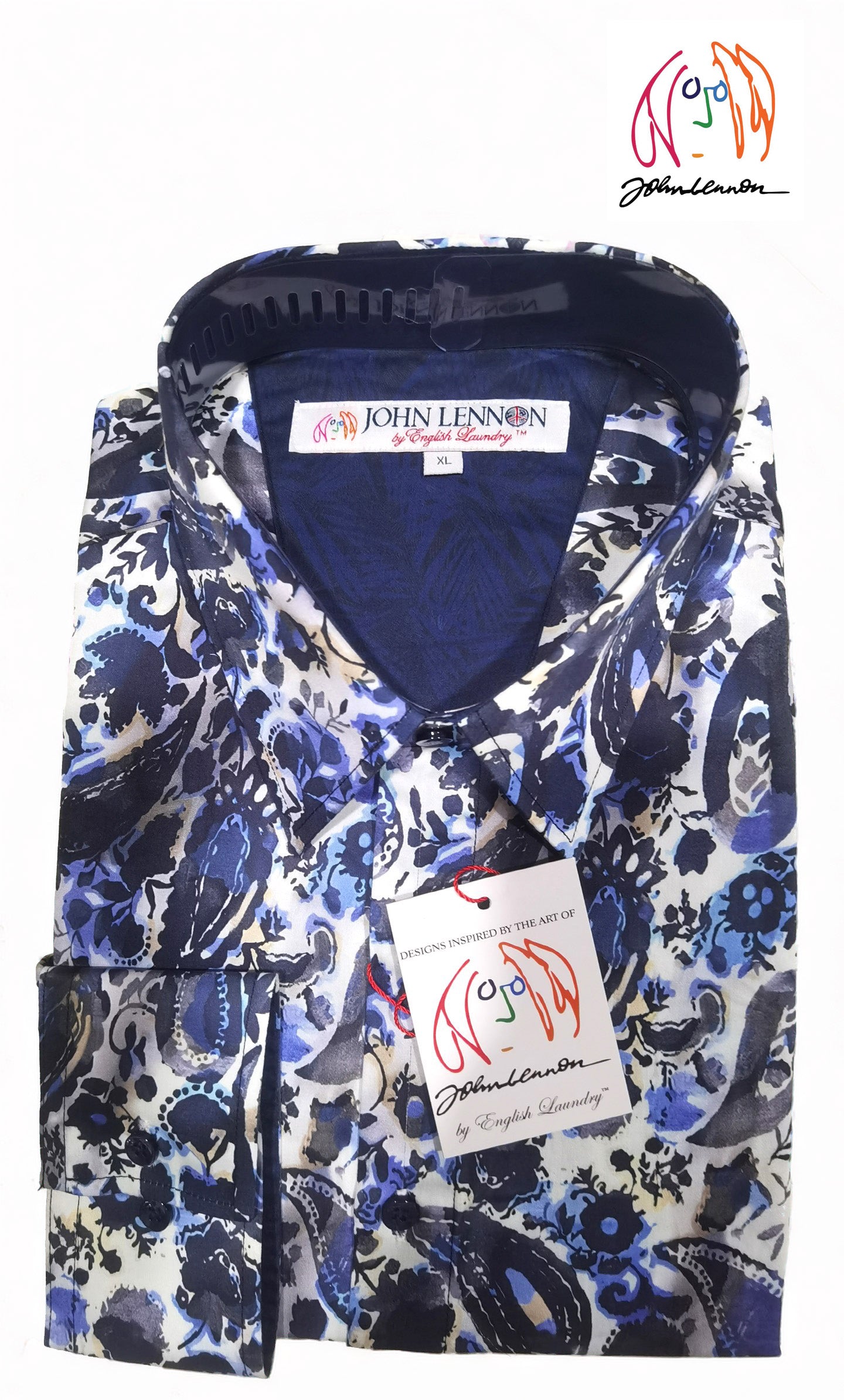 Blue and white patterned shirt with John Lennon label
