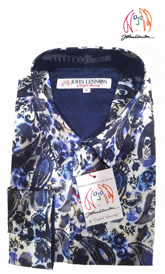 Blue and white patterned shirt with John Lennon label