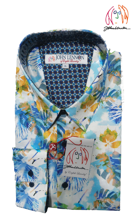 A long-sleeved floral print shirt with a button-up front, and a Jonh Lennon label indicating it is a limited edition.