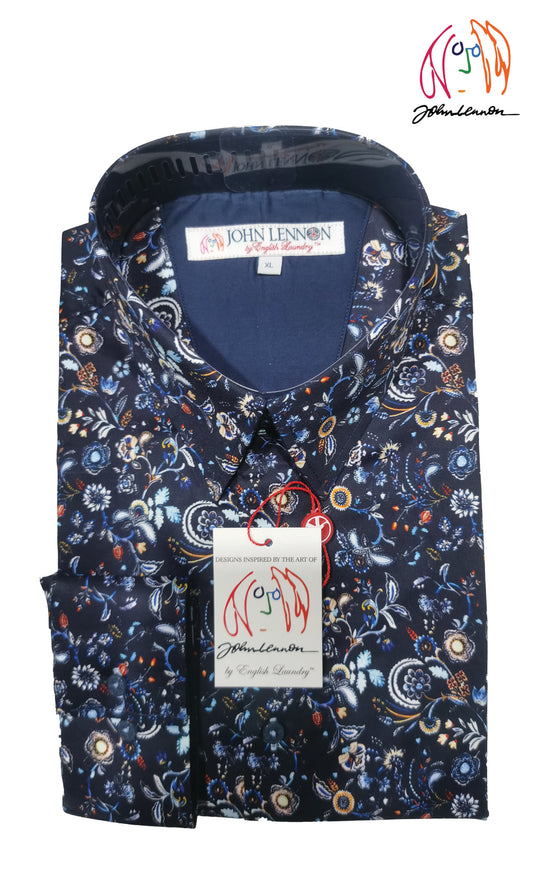 A long-sleeved men's shirt with a floral pattern, predominantly in dark colors, 'John Lennon by English Laundry'.