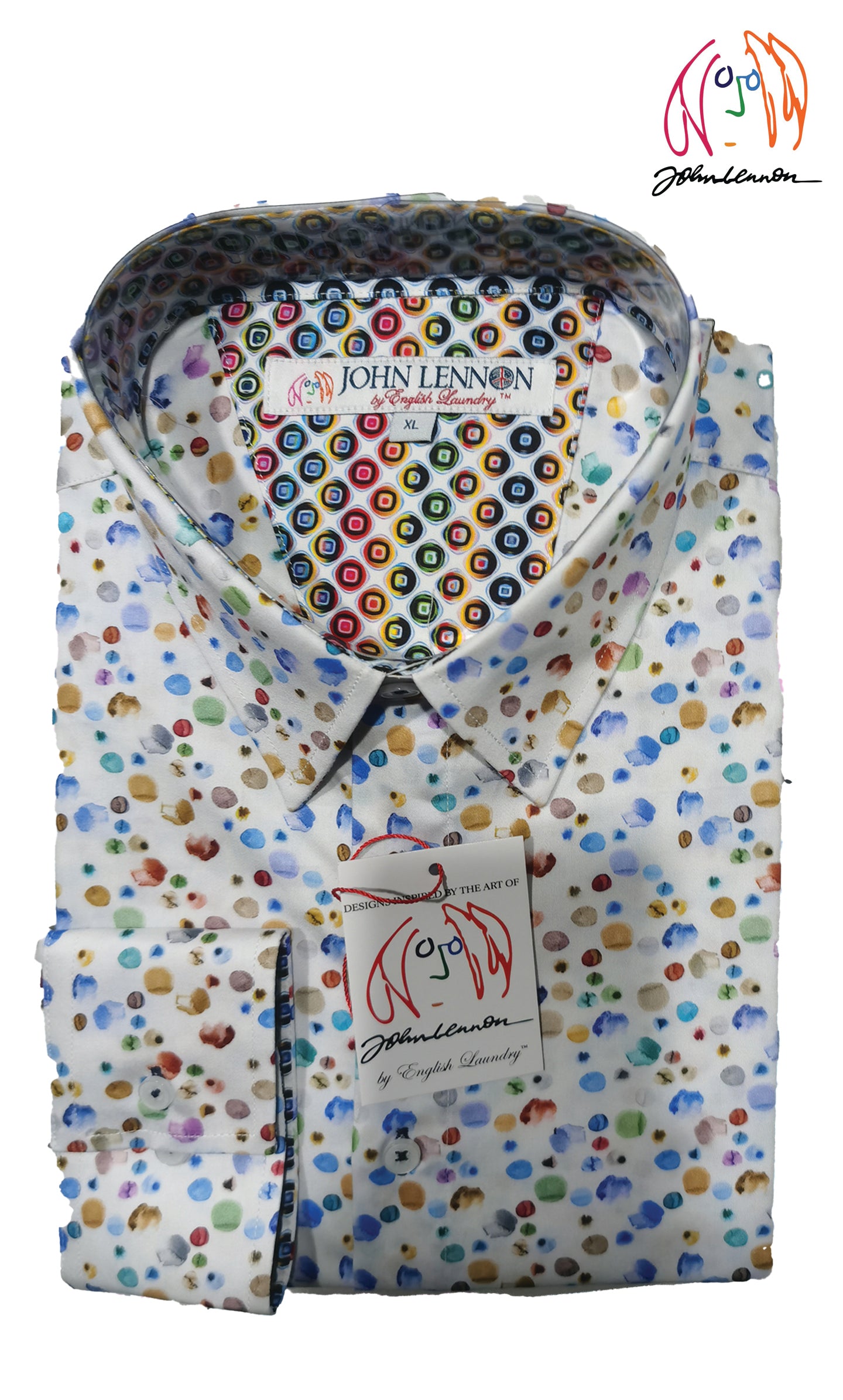 A long-sleeved men's shirt with a multicolored geometric print and the John Lennon by English Laundry brand 