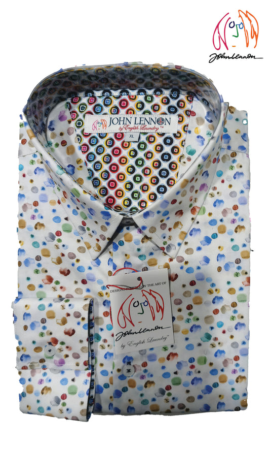 A long-sleeved men's shirt with a multicolored geometric print and the John Lennon by English Laundry brand 