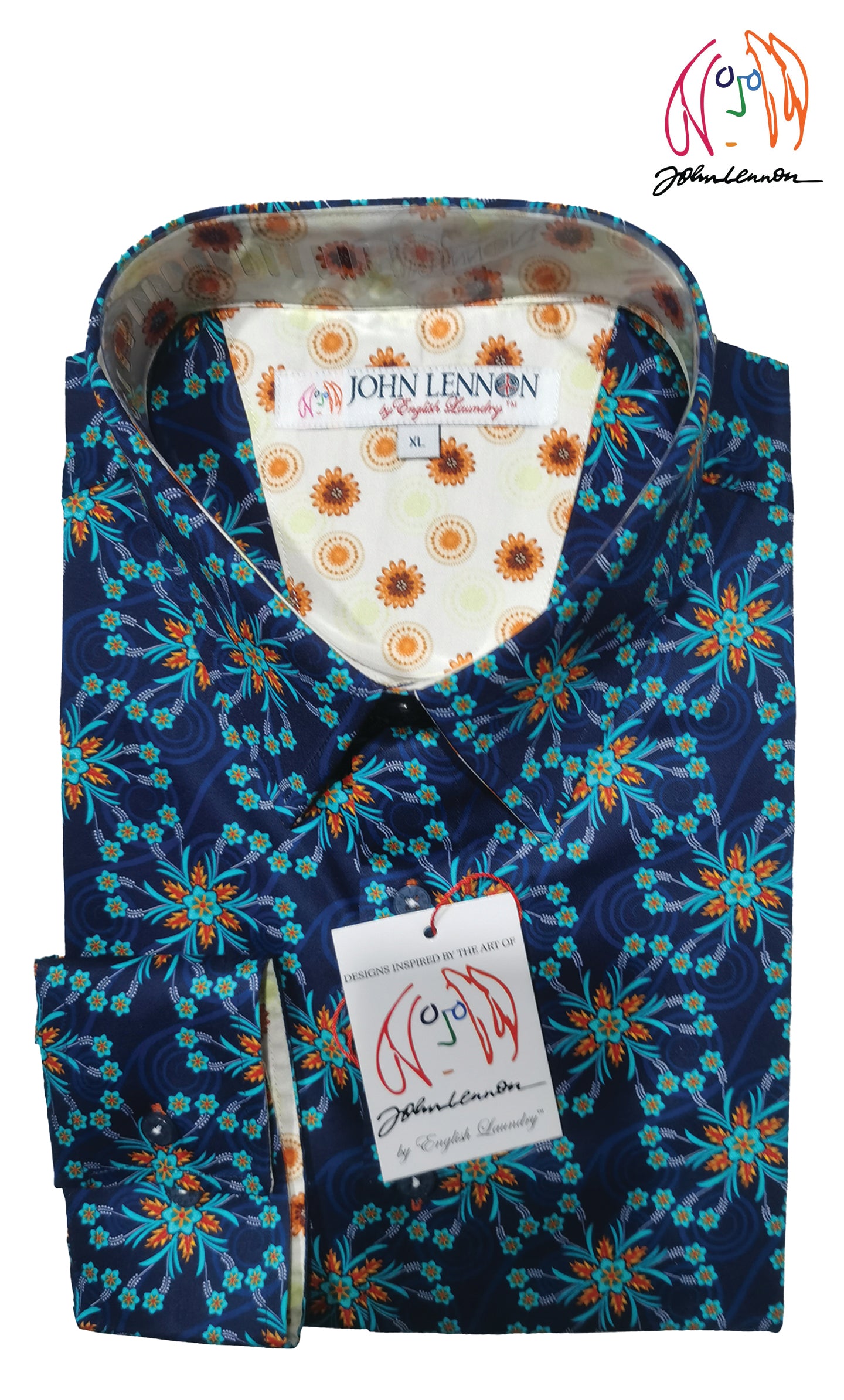 A long-sleeved men's shirt with a bold floral print,'John Lennon by English Laundry'.