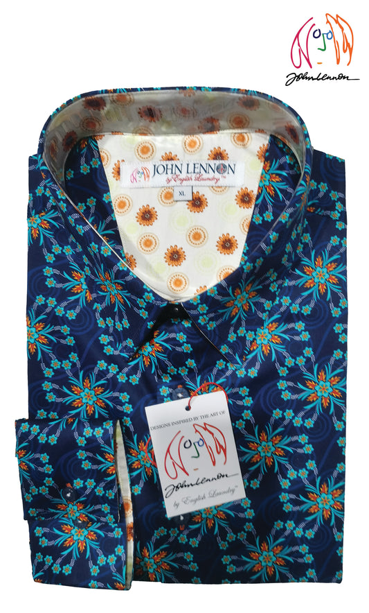 A long-sleeved men's shirt with a bold floral print,'John Lennon by English Laundry'.