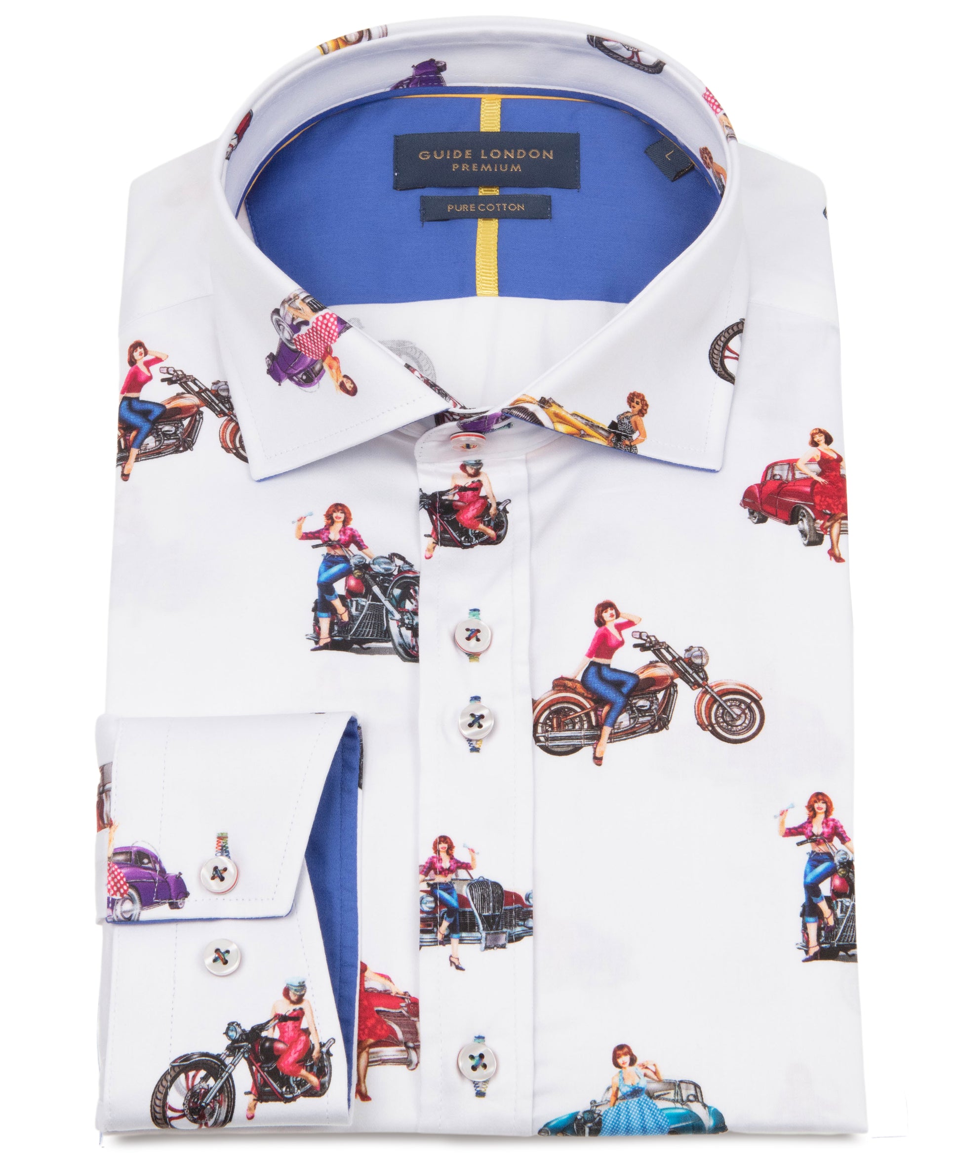 White dress shirt with motorcycle and pin-up girl print 