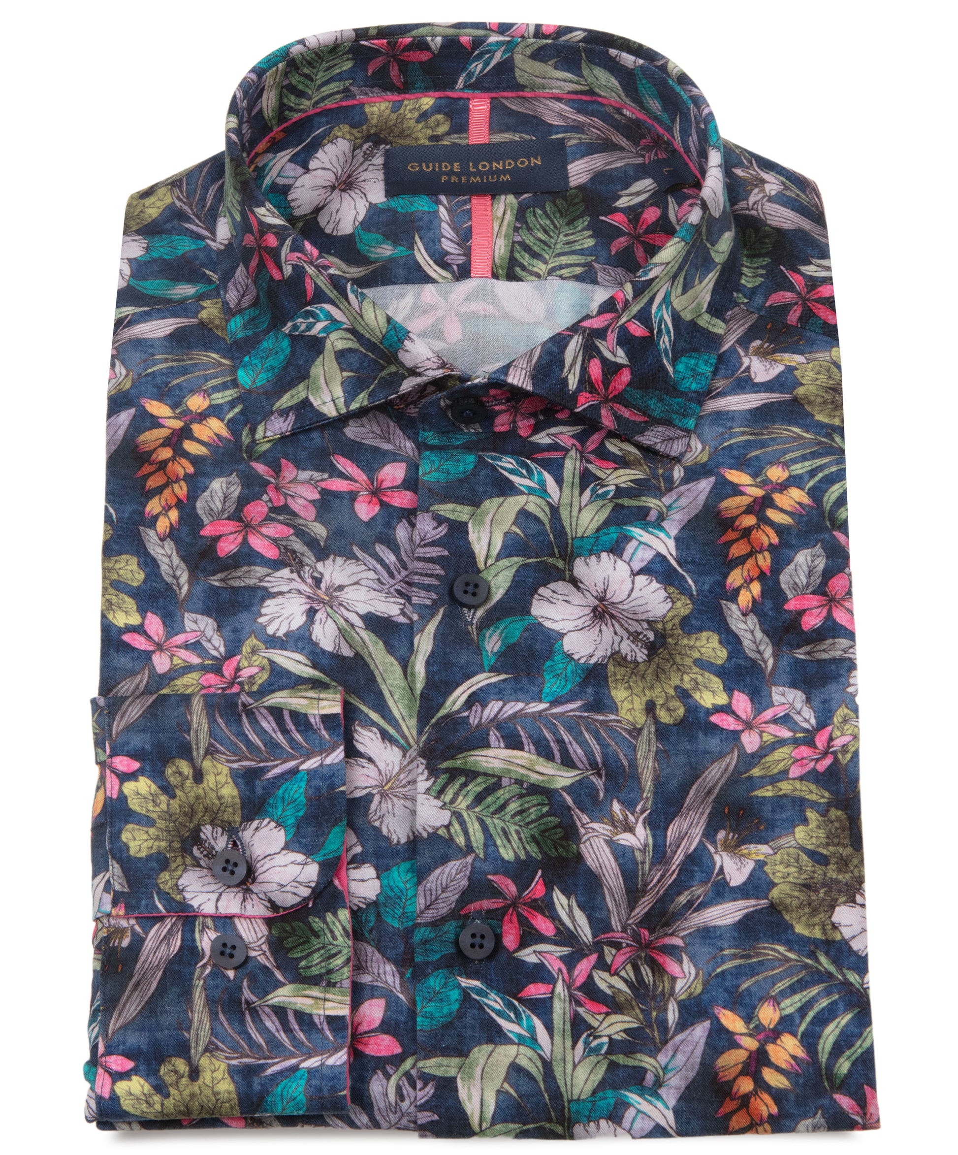 Floral patterned shirt with colorful design on a white background