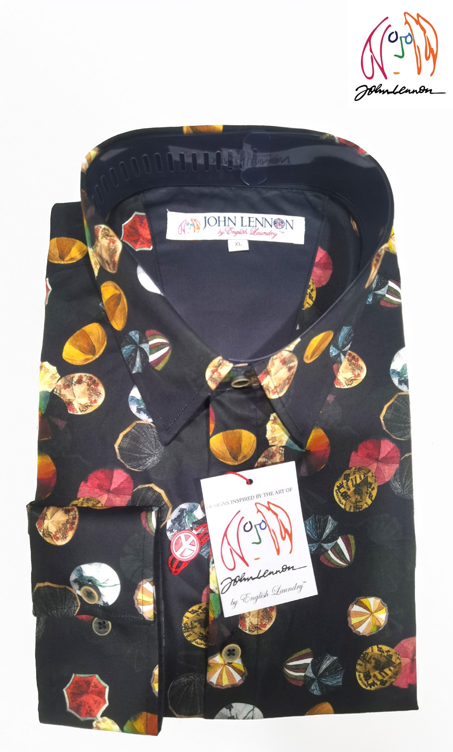 Navy shirt with colorful geometric pattern