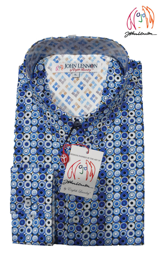 A long-sleeved men's shirt with a geometric print, predominantly blue with white and darker blue patterns,  John Lennon by English Laundry brand.