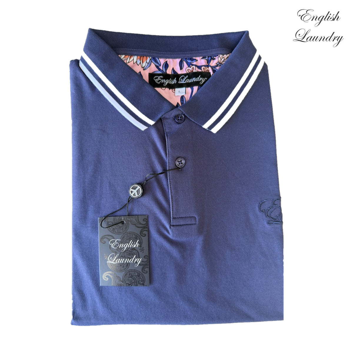 English Laundry ELP4001 Navy polo with twin light collar stripes, tonal EL embroidery and floral inner neckline