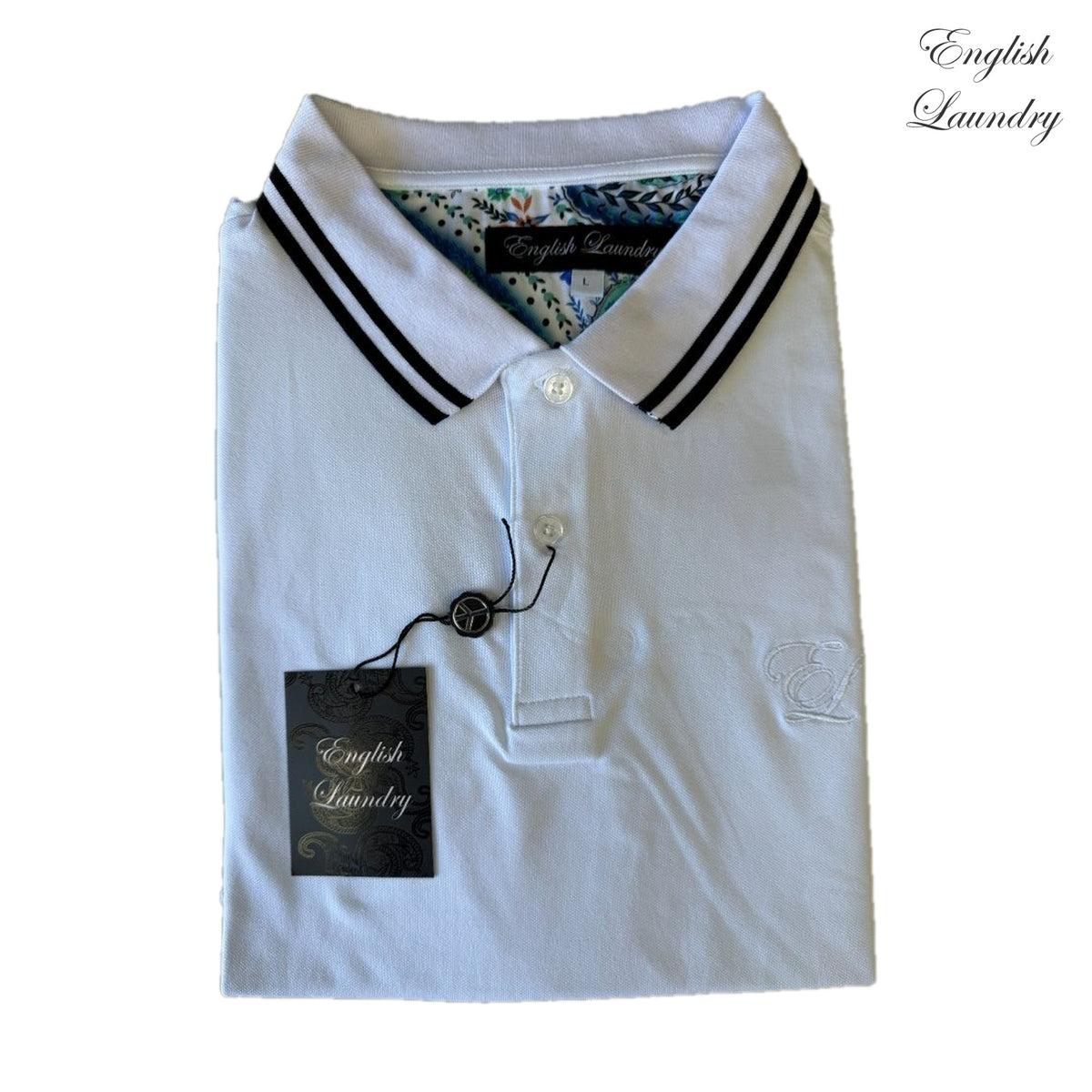 English Laundry ELP4002 White polo with dark contrast collar stripes, tonal EL embroidery and patterned inner neckline