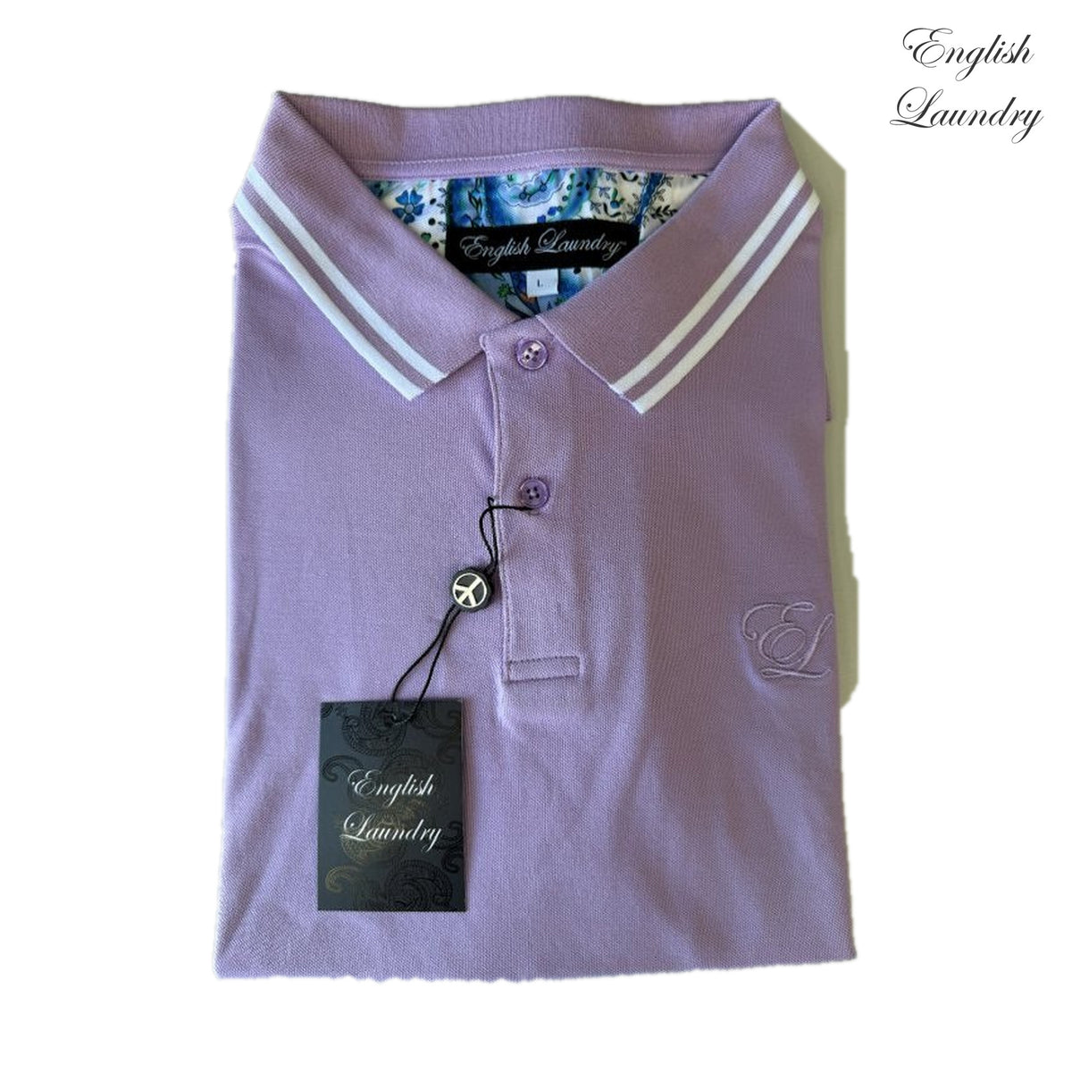 English Laundry ELP4003 Lavender polo with twin light collar stripes, tonal EL embroidery and patterned inner neckline