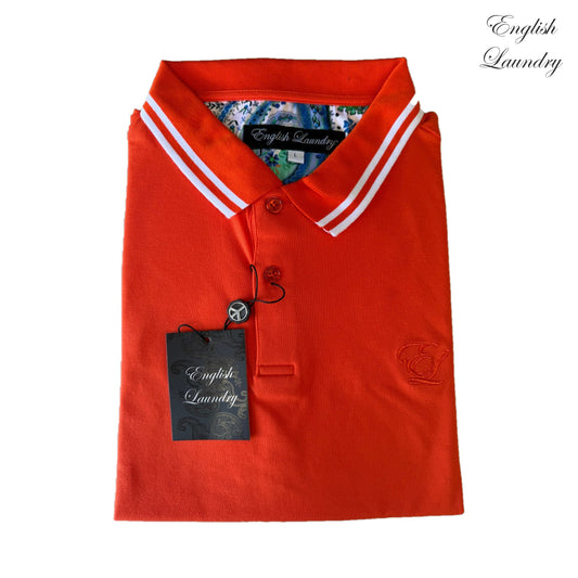 English Laundry ELP4004 Orange polo with twin light collar stripes, tonal EL embroidery and patterned inner neckline
