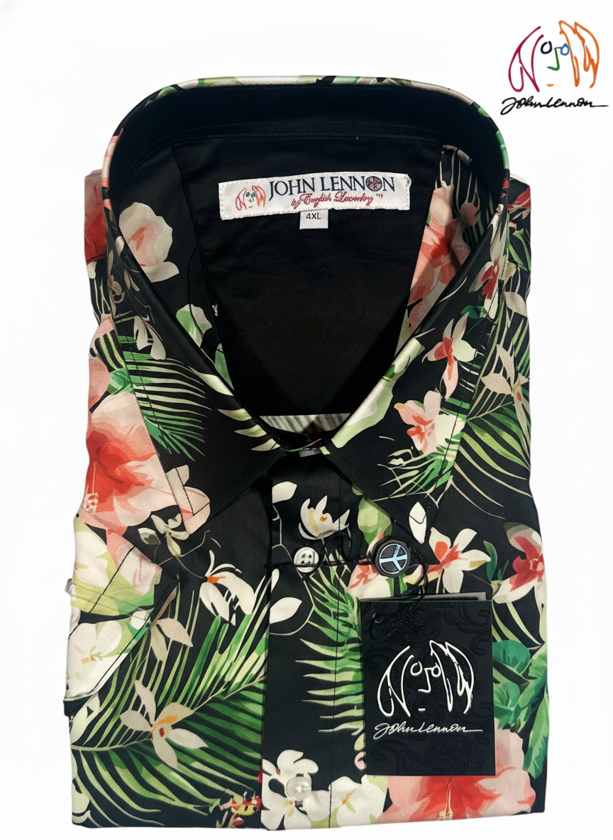 Dress shirt with tropical floral pattern and John Lennon brand label on a white background