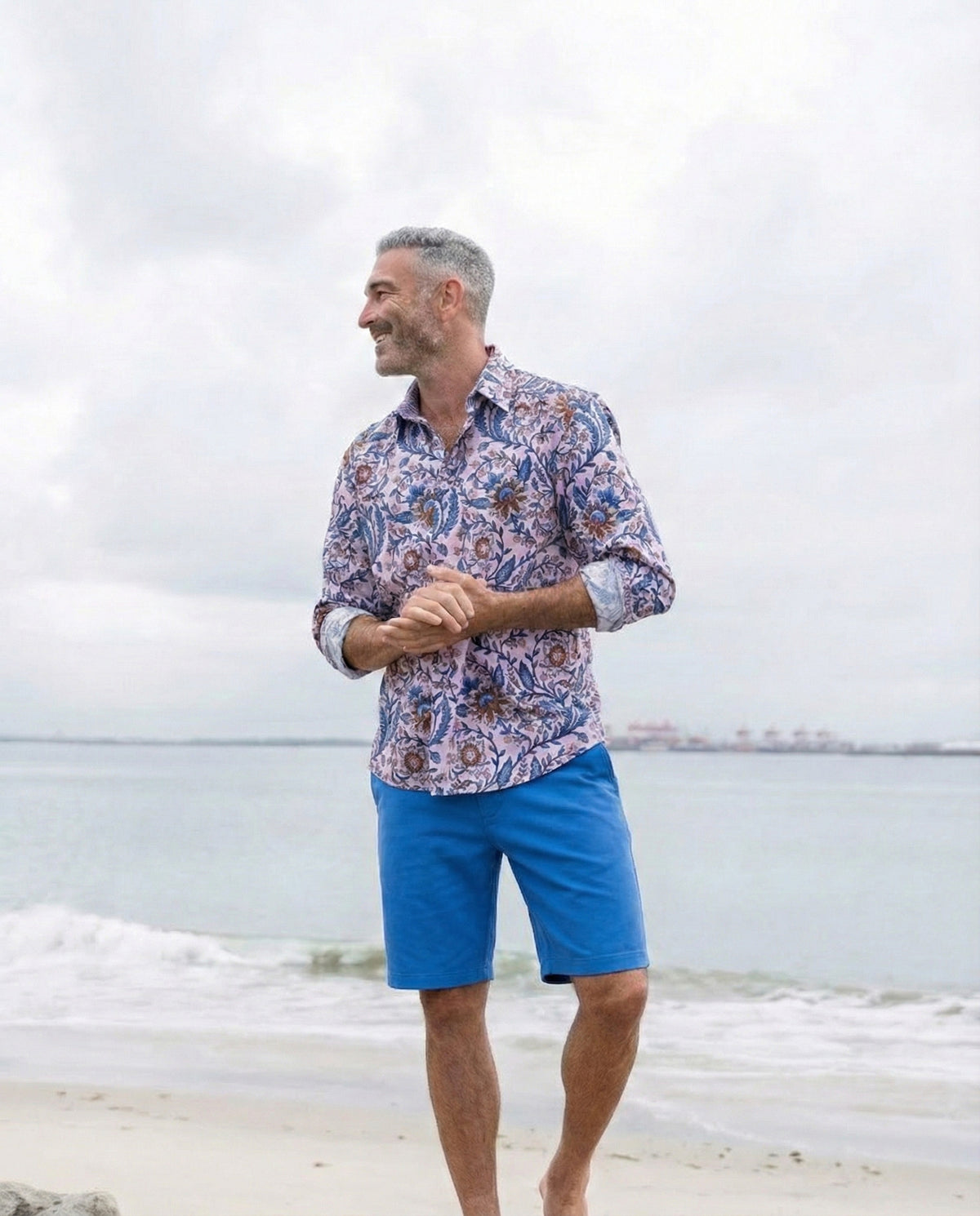 English Laundry ELS3002 Petrol shorts styled with a patterned shirt at the beach
