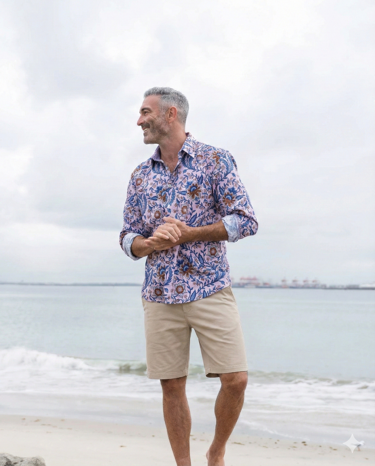 English Laundry ELS3000 Sand shorts styled with a patterned shirt at the beach