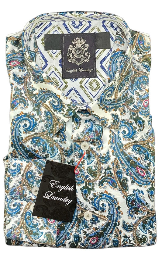 Patterned shirt with a brand label on a white background