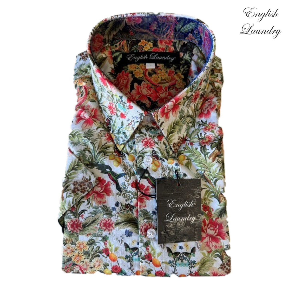 Folded English Laundry EL2704 SS shirt with flowers, foliage, birds and butterflies on a light background