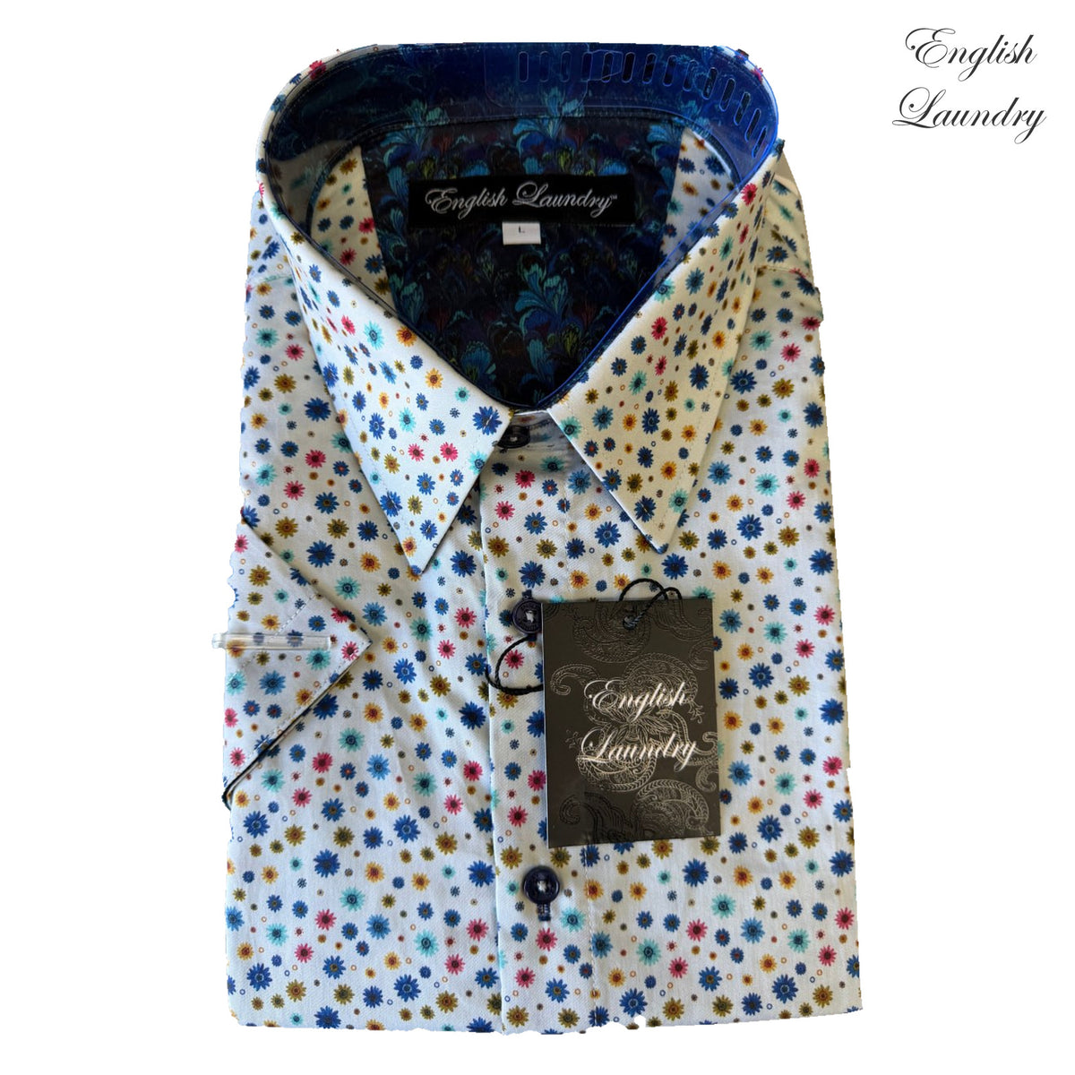 Folded English Laundry EL2718 SS shirt with small multicolour flowers on white