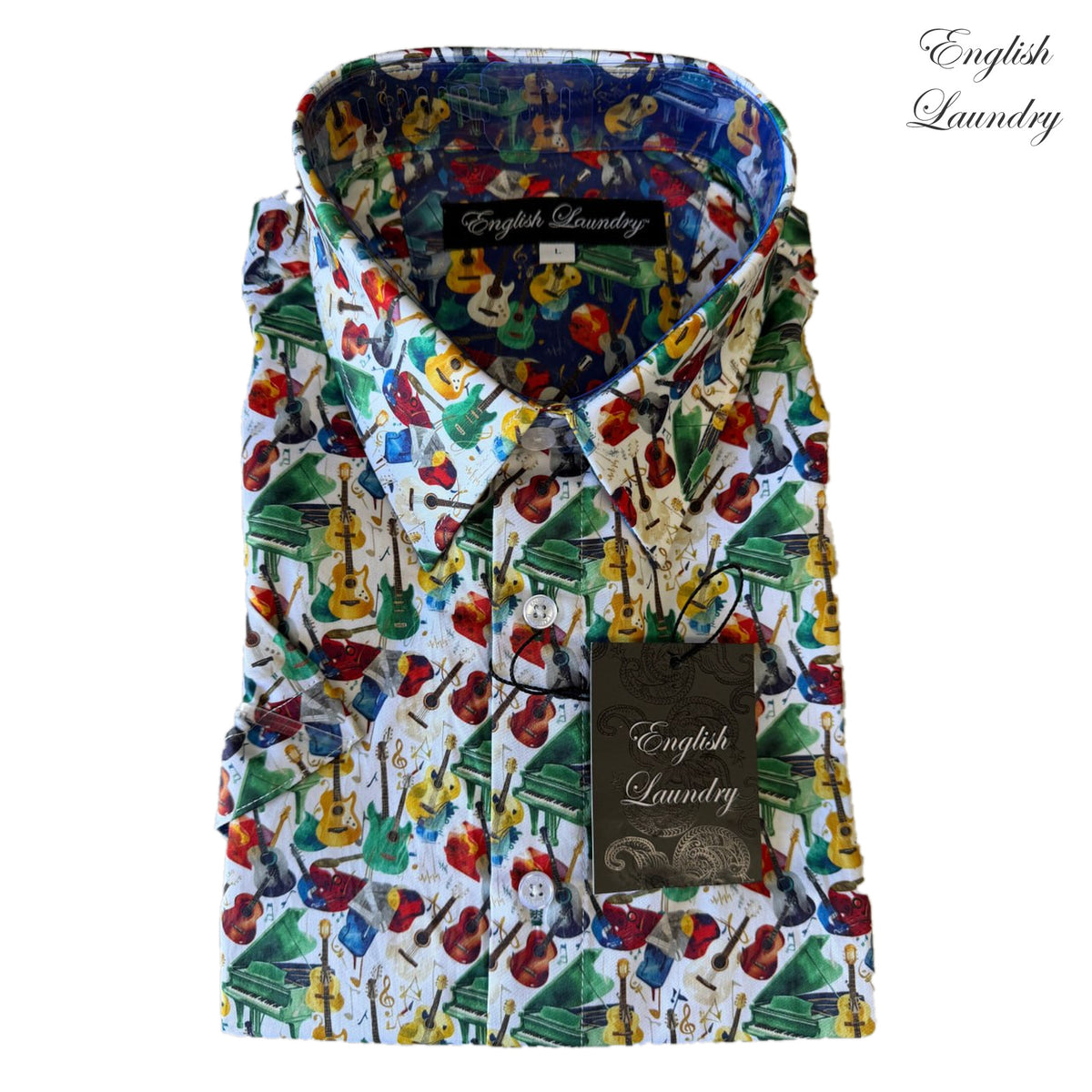 Folded English Laundry EL2730 shirt with colourful guitars, pianos and musical instruments on a light background