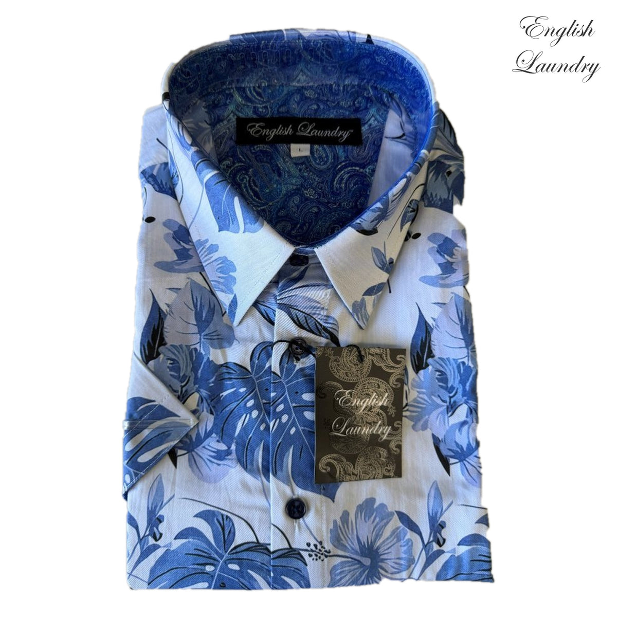 Folded English Laundry EL2736 shirt with blue botanical leaves and flowers on a light background