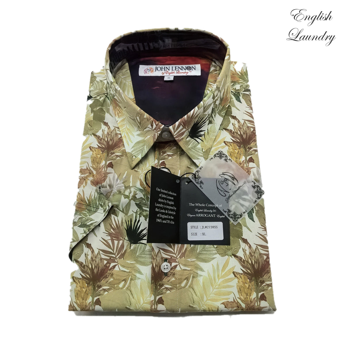 Folded English Laundry EL2738 shirt with cream, sage, olive and brown botanical foliage