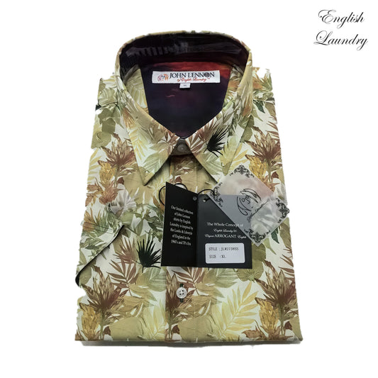Folded English Laundry EL2738 shirt with cream, sage, olive and brown botanical foliage