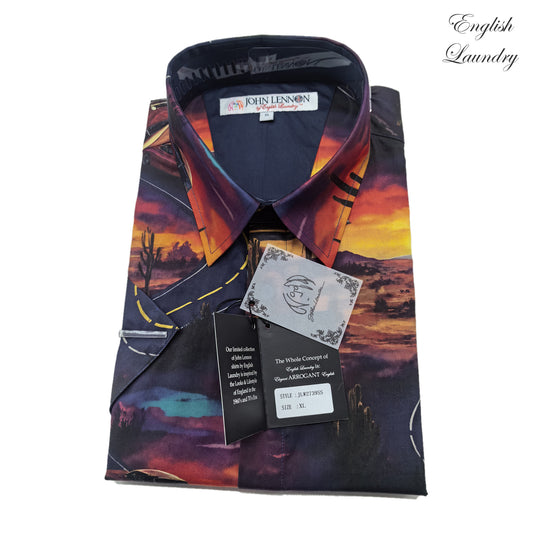 Folded English Laundry EL2739 shirt with a desert road, cactus silhouettes and orange-purple sunset