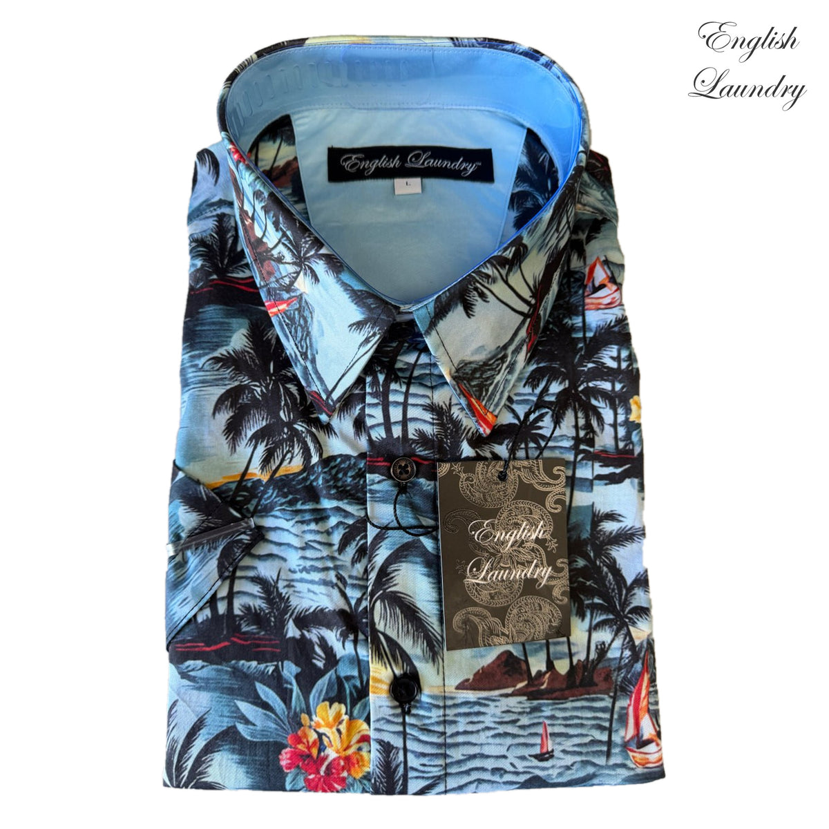 Folded English Laundry EL2742 shirt with blue coastal scenery, dark palms, sailboats and tropical flowers