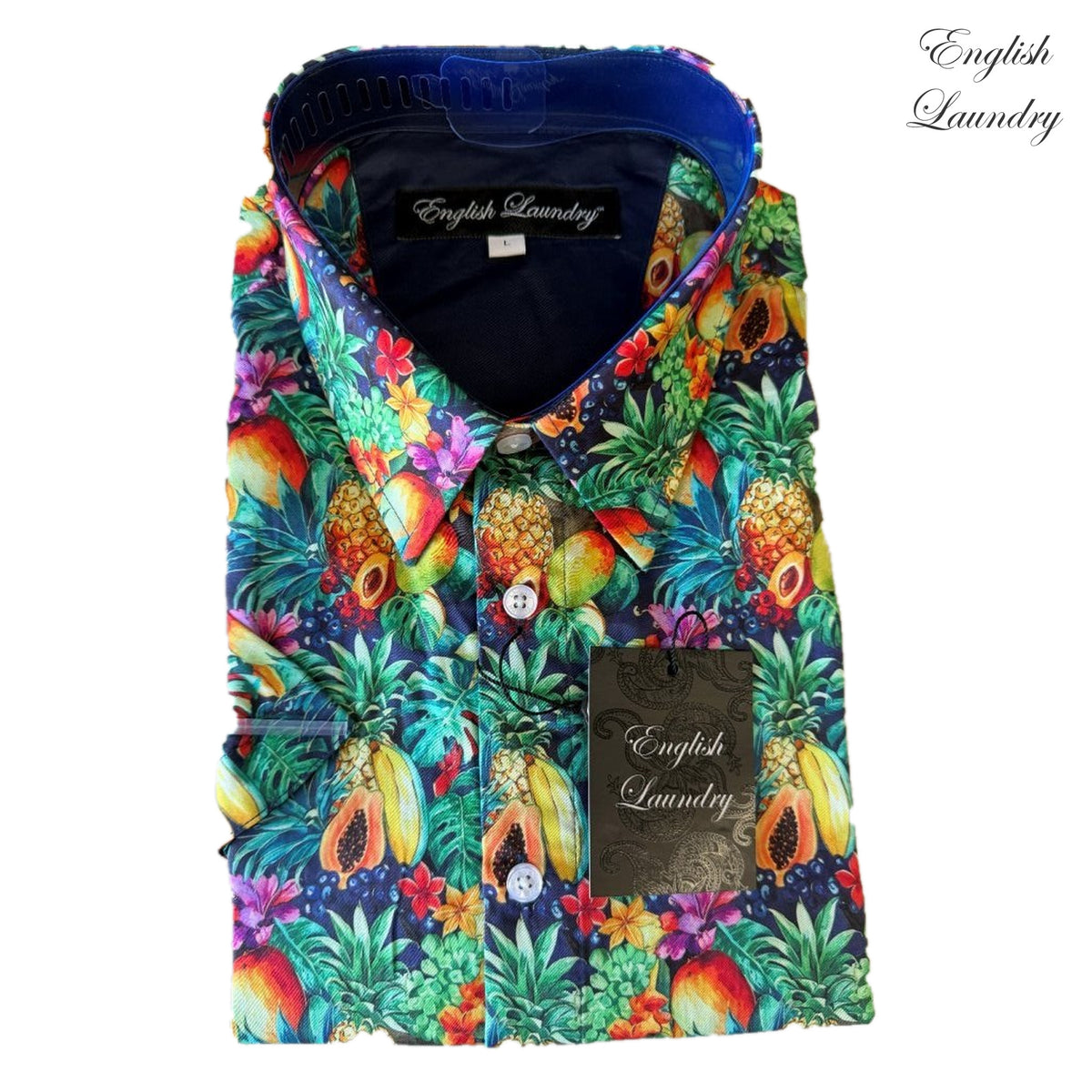 Folded English Laundry EL2743 shirt with pineapples, papaya, colourful flowers and green foliage