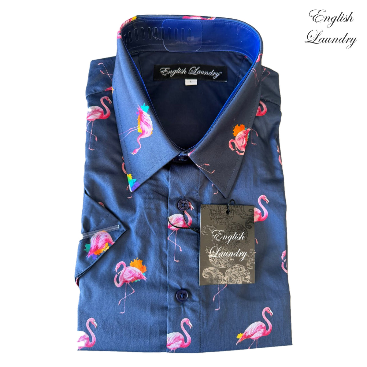 Folded English Laundry EL2744 shirt with pink flamingos on deep blue