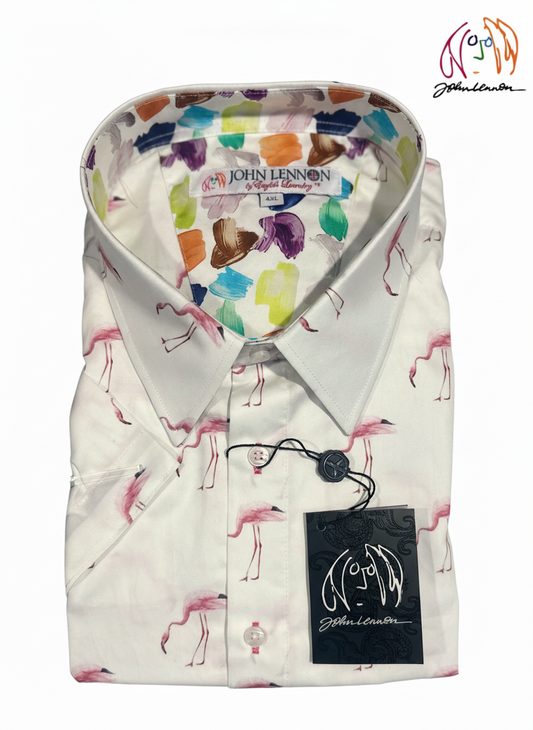 Dress shirt with colorful collar and flamingo pattern, John Lennon brand visible