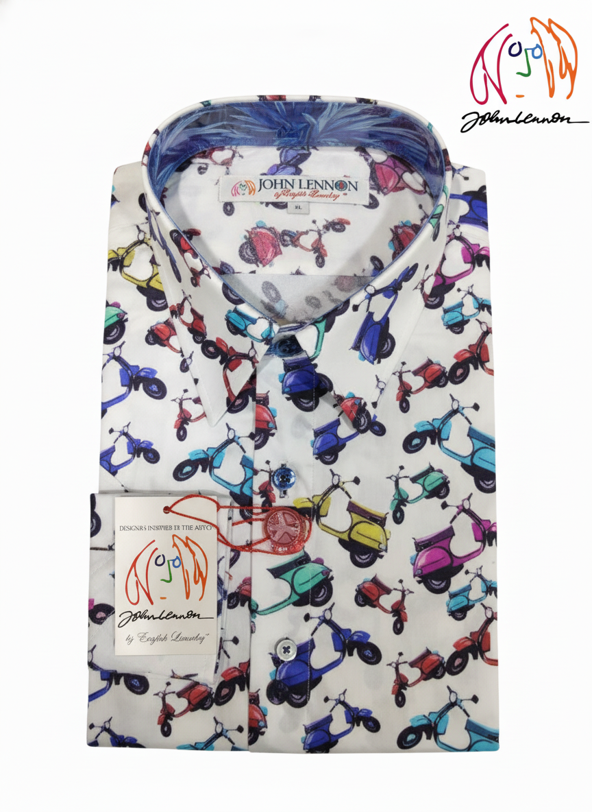 Folded shirt with scooter pattern and John Lennon brand logo