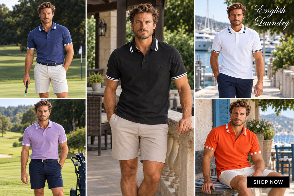 English Laundry polo shirts collage — Shop Now